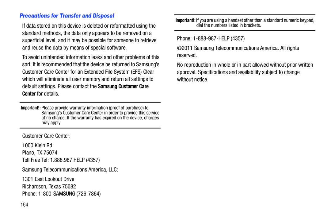 Samsung SCH-I500RKAUSC user manual Precautions for Transfer and Disposal, 164 