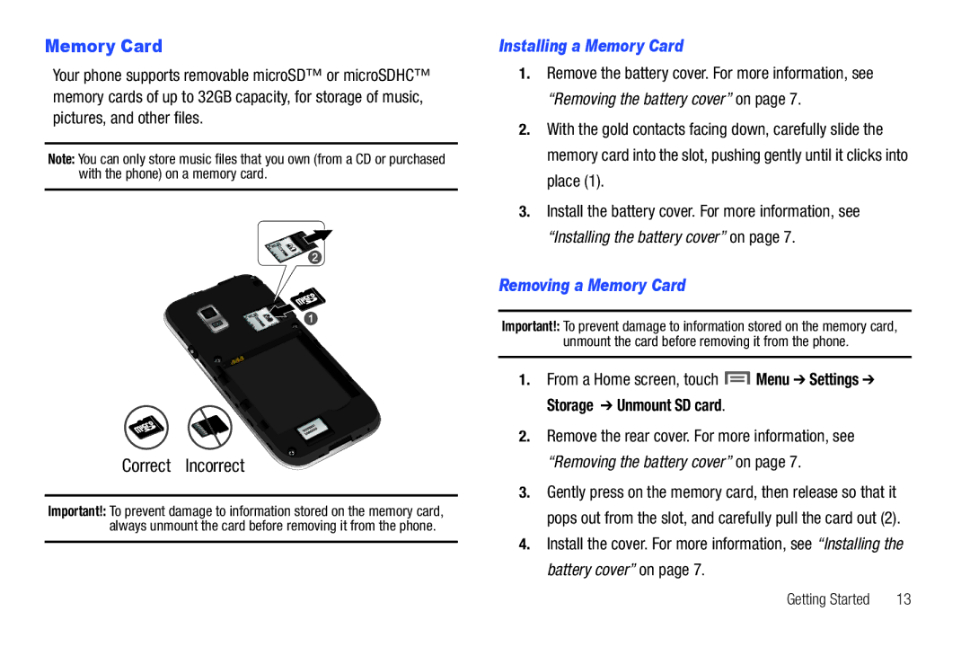 Samsung SCH-I500RKAUSC user manual Installing a Memory Card, Removing a Memory Card 