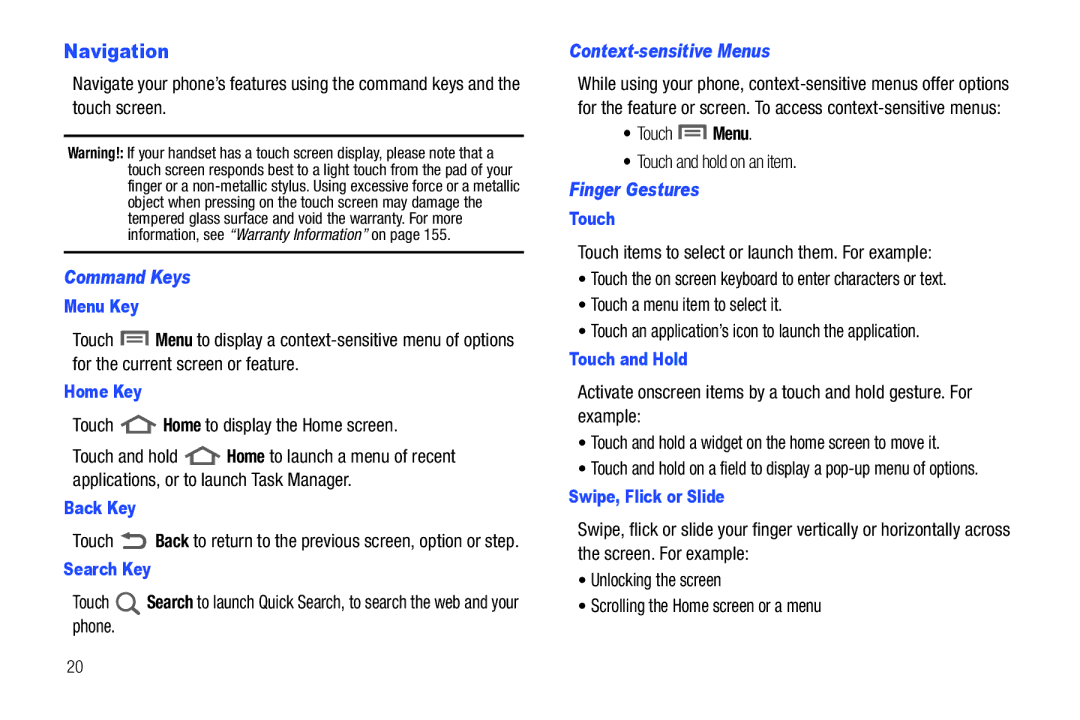 Samsung SCH-I500RKAUSC user manual Navigation, Command Keys, Context-sensitive Menus, Finger Gestures 