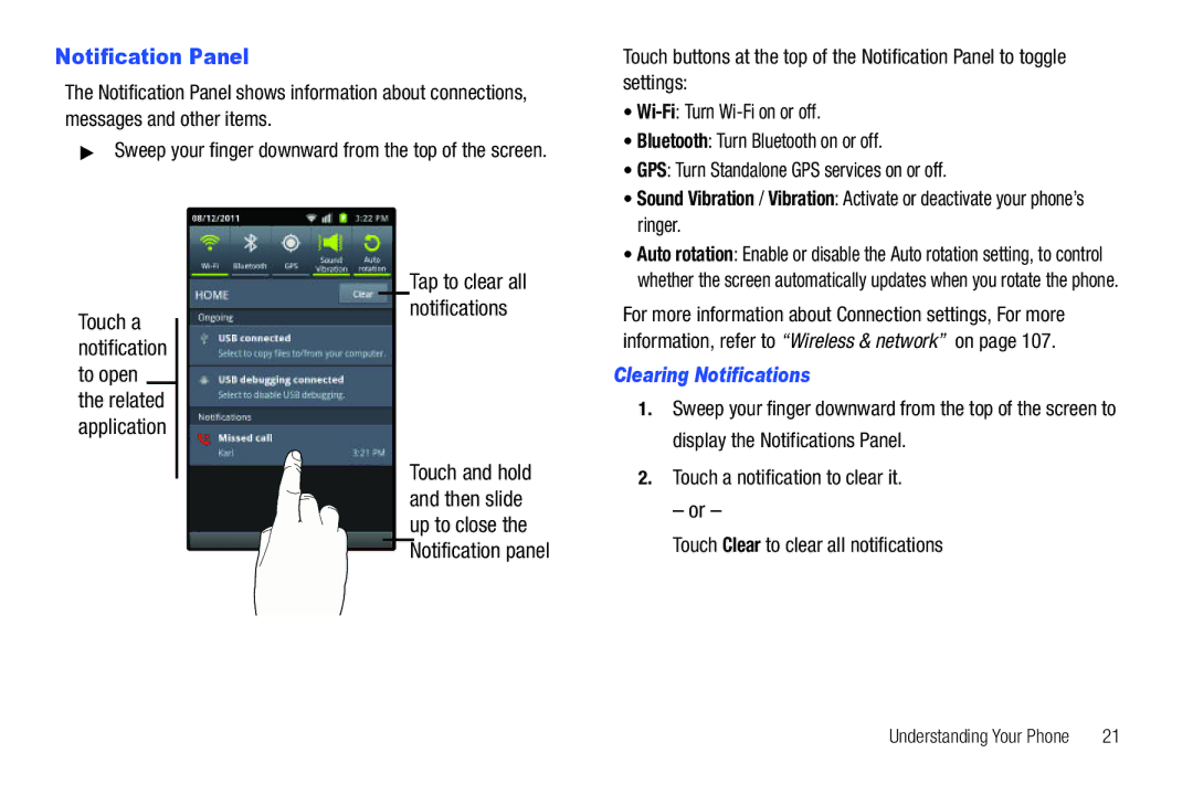 Samsung SCH-I500 Notification Panel, Ringer, Clearing Notifications, Sweep your finger downward from the top of the screen 