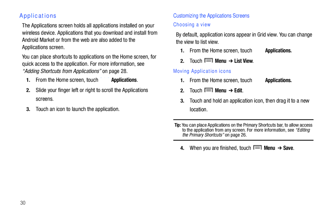 Samsung SCH-I500RKAUSC user manual Customizing the Applications Screens, Touch Menu List View, Choosing a view 