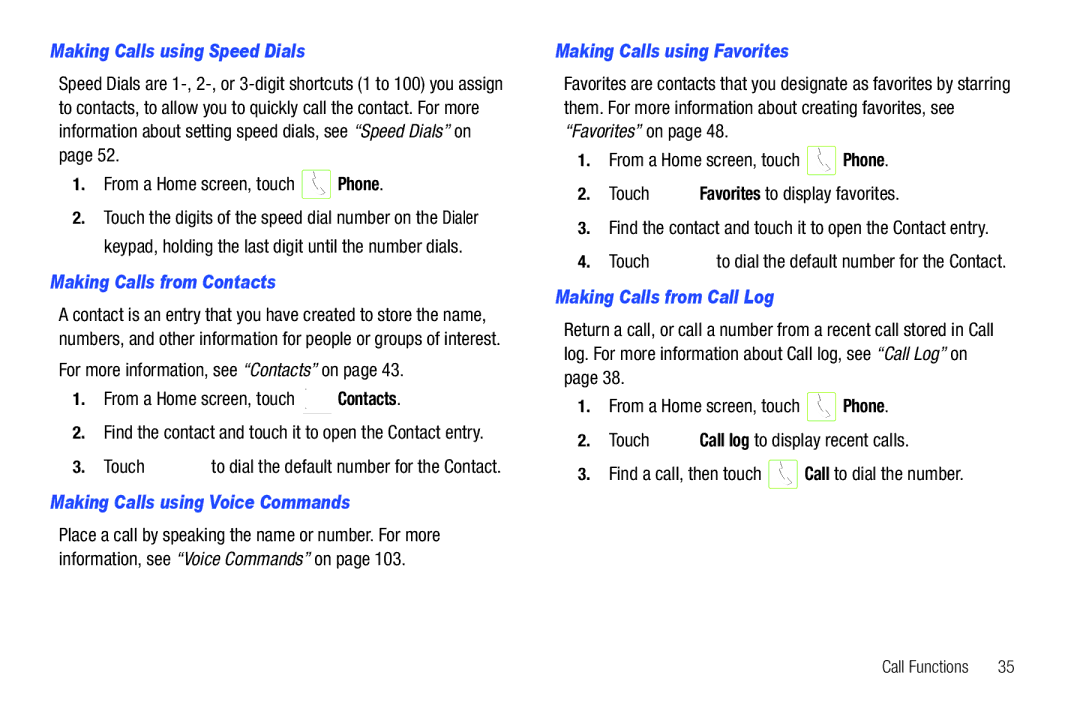 Samsung SCH-I500 user manual Making Calls using Speed Dials, Making Calls from Contacts, Making Calls using Voice Commands 