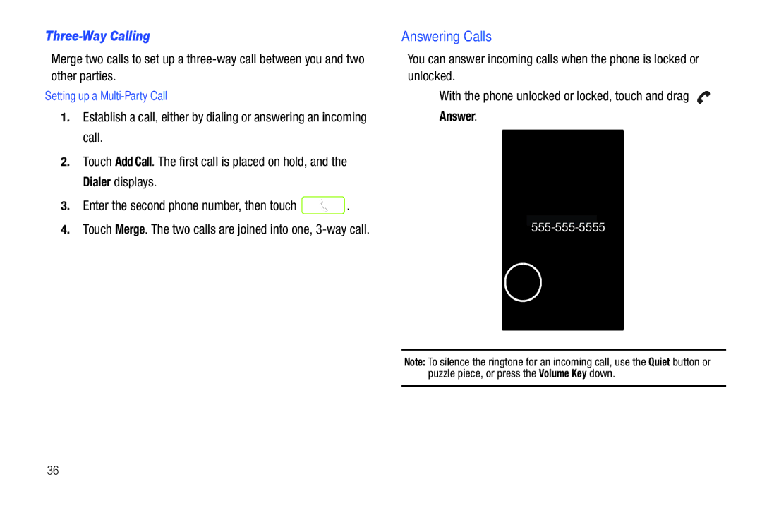 Samsung SCH-I500RKAUSC user manual Answering Calls, Three-Way Calling, Setting up a Multi-Party Call 