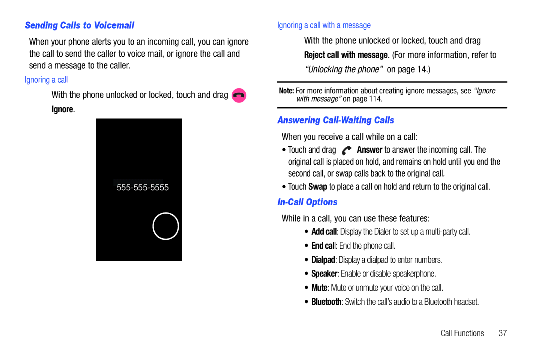 Samsung SCH-I500RKAUSC user manual Sending Calls to Voicemail, Answering Call-Waiting Calls, In-Call Options 