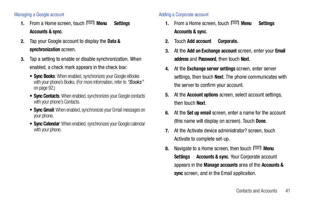 Samsung SCH-I500RKAUSC user manual Managing a Google account, Adding a Corporate account 