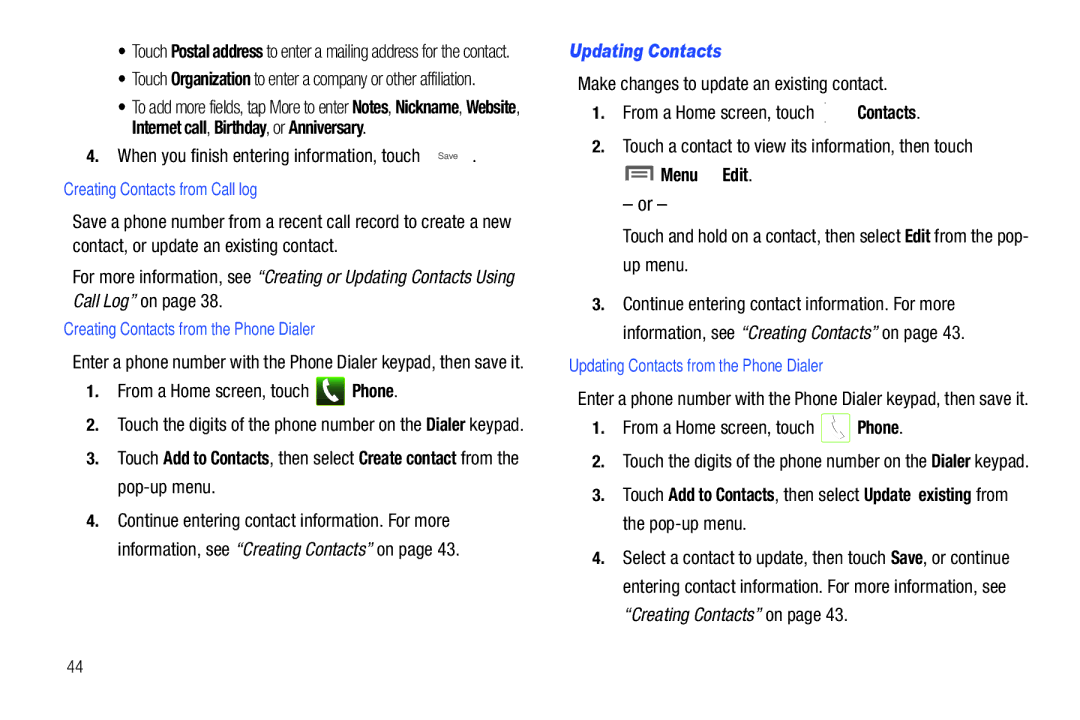 Samsung SCH-I500RKAUSC user manual When you finish entering information, touch Save, Updating Contacts, Menu Edit 