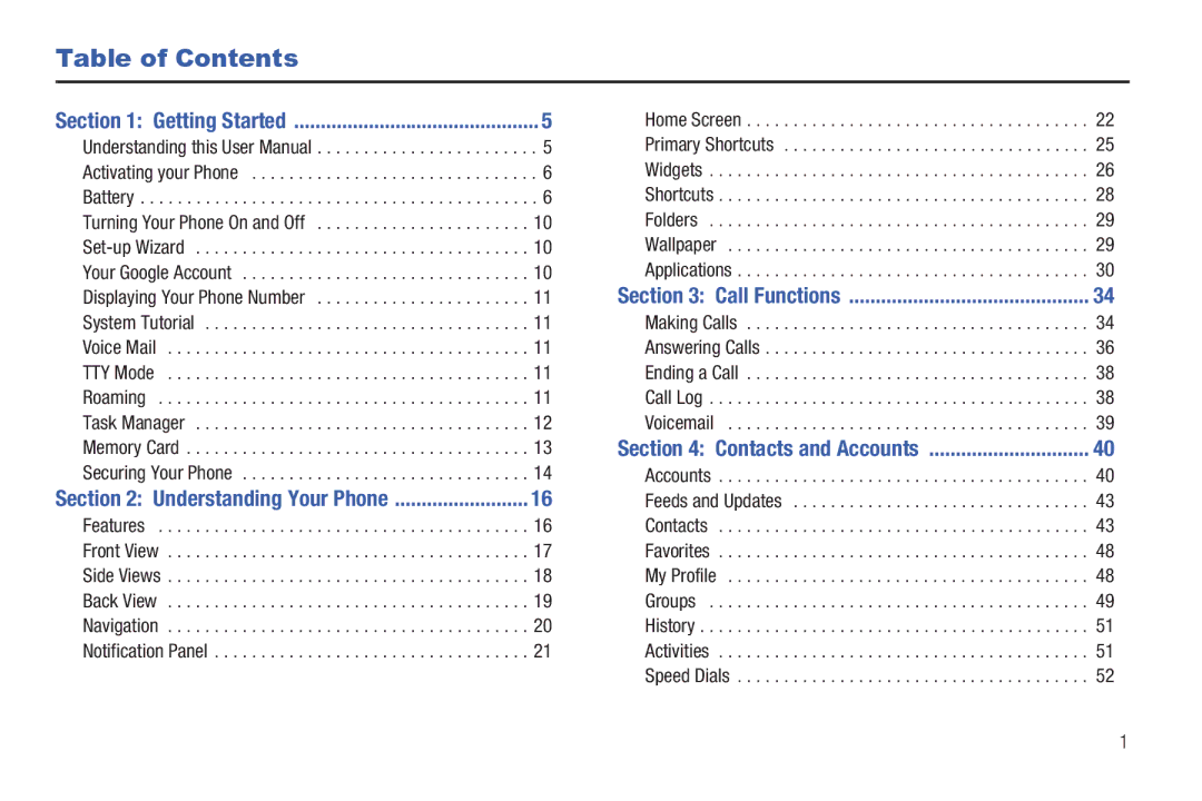 Samsung SCH-I500RKAUSC user manual Table of Contents 