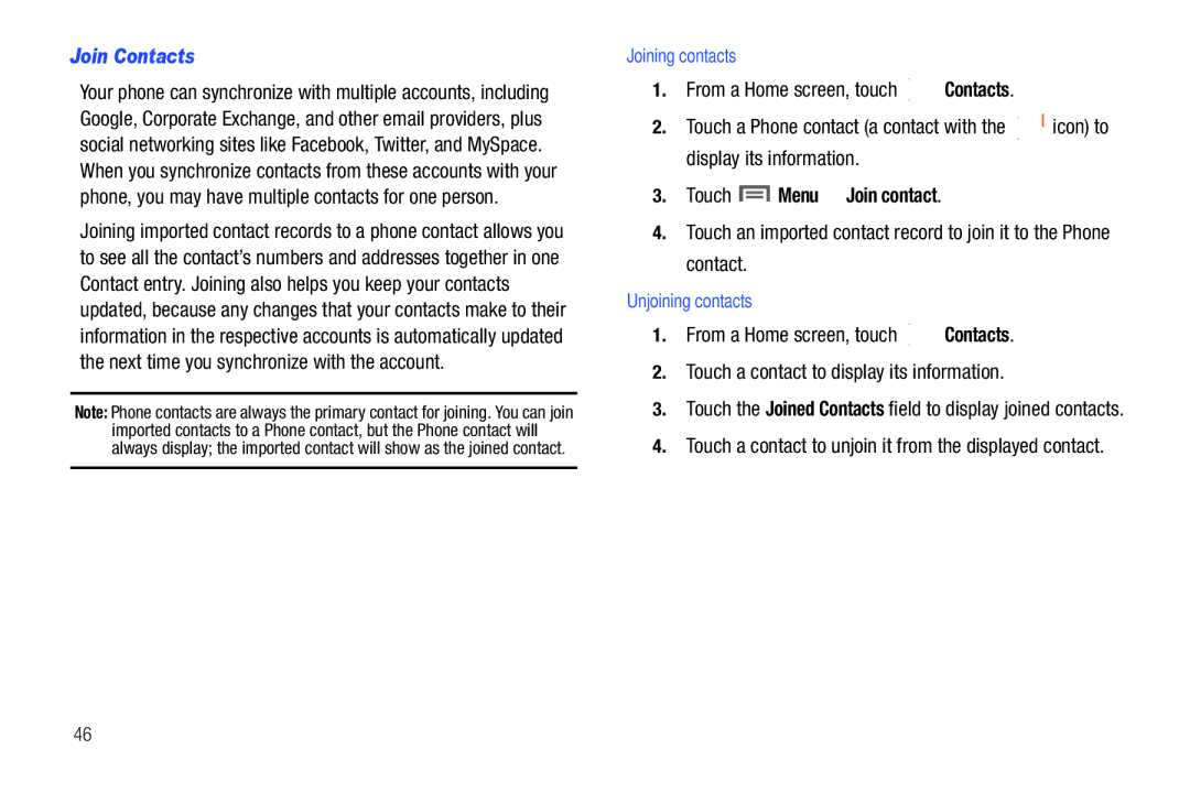 Samsung SCH-I500RKAUSC user manual Join Contacts, Touch Menu Join contact, Joining contacts, Unjoining contacts 