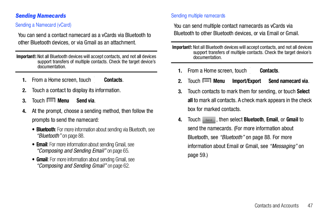 Samsung SCH-I500 user manual Sending Namecards, Touch Menu Send via, Sending a Namecard vCard, Sending multiple namecards 