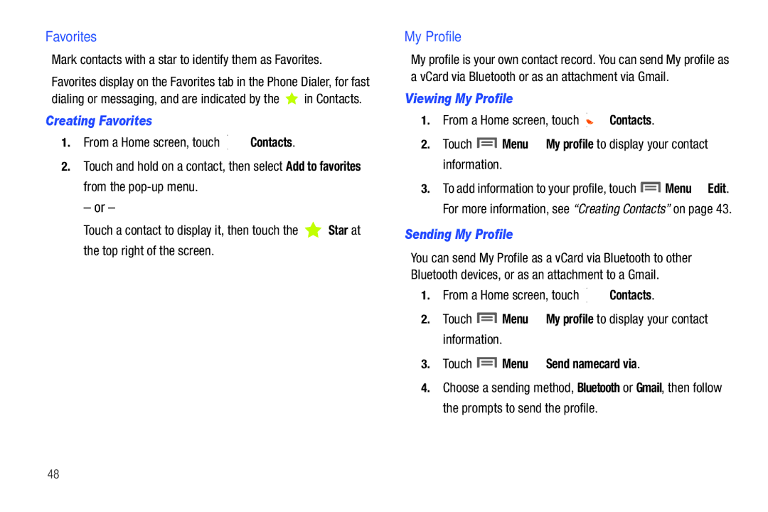 Samsung SCH-I500RKAUSC user manual Creating Favorites, Viewing My Profile, Sending My Profile 