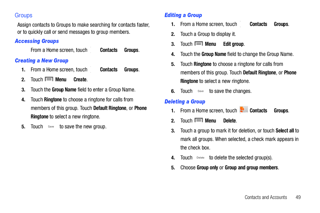 Samsung SCH-I500RKAUSC user manual Accessing Groups, Creating a New Group, Editing a Group, Deleting a Group 