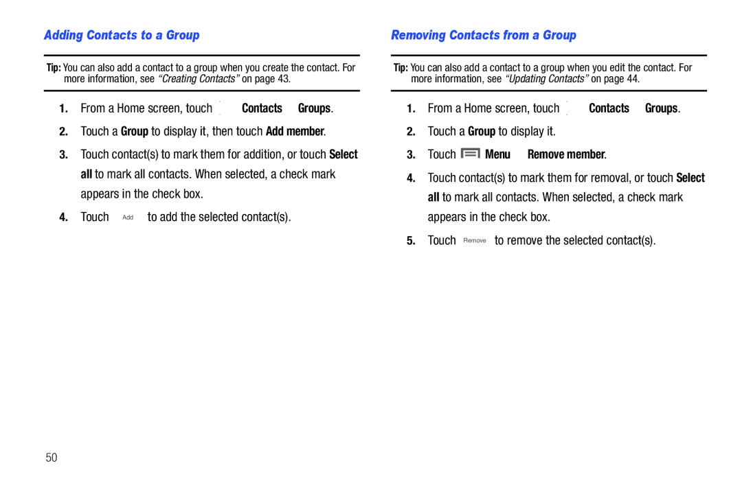 Samsung SCH-I500RKAUSC Adding Contacts to a Group, Touch Add to add the selected contacts, Touch Menu Remove member 