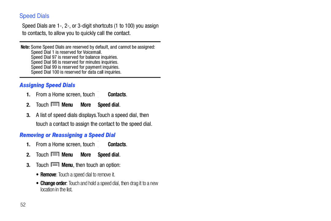 Samsung SCH-I500RKAUSC Assigning Speed Dials, Touch Menu More Speed dial, Removing or Reassigning a Speed Dial 