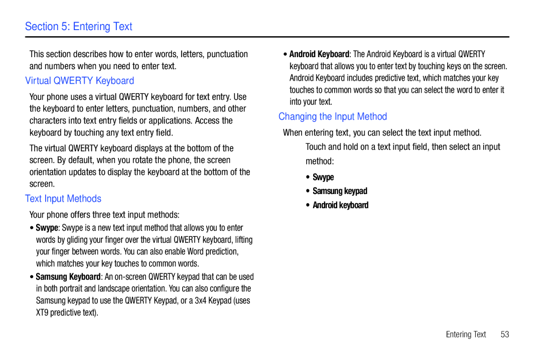 Samsung SCH-I500RKAUSC user manual Entering Text, Virtual Qwerty Keyboard, Text Input Methods, Changing the Input Method 