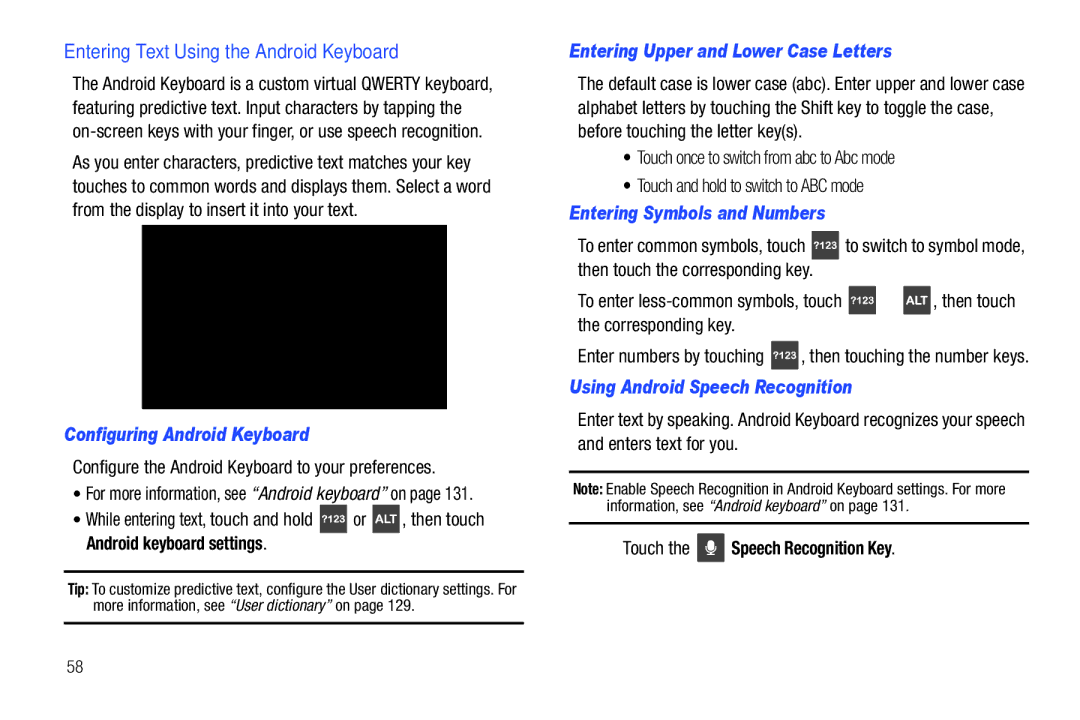 Samsung SCH-I500RKAUSC user manual Entering Text Using the Android Keyboard, Configuring Android Keyboard 