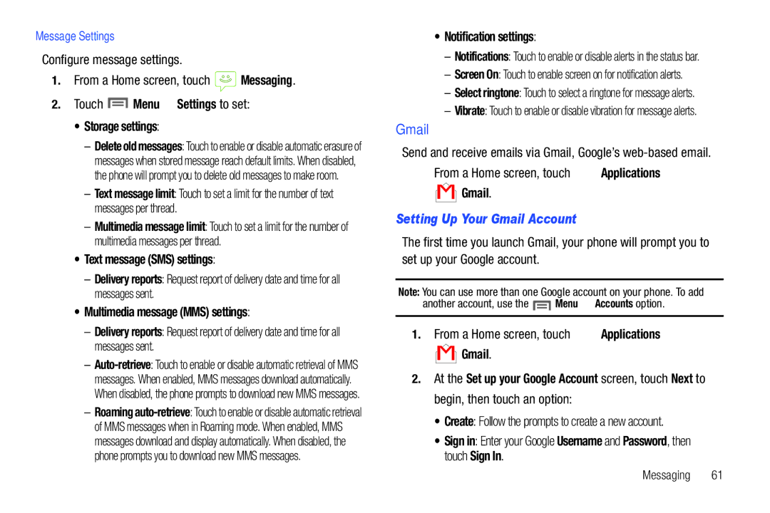 Samsung SCH-I500RKAUSC user manual Setting Up Your Gmail Account 