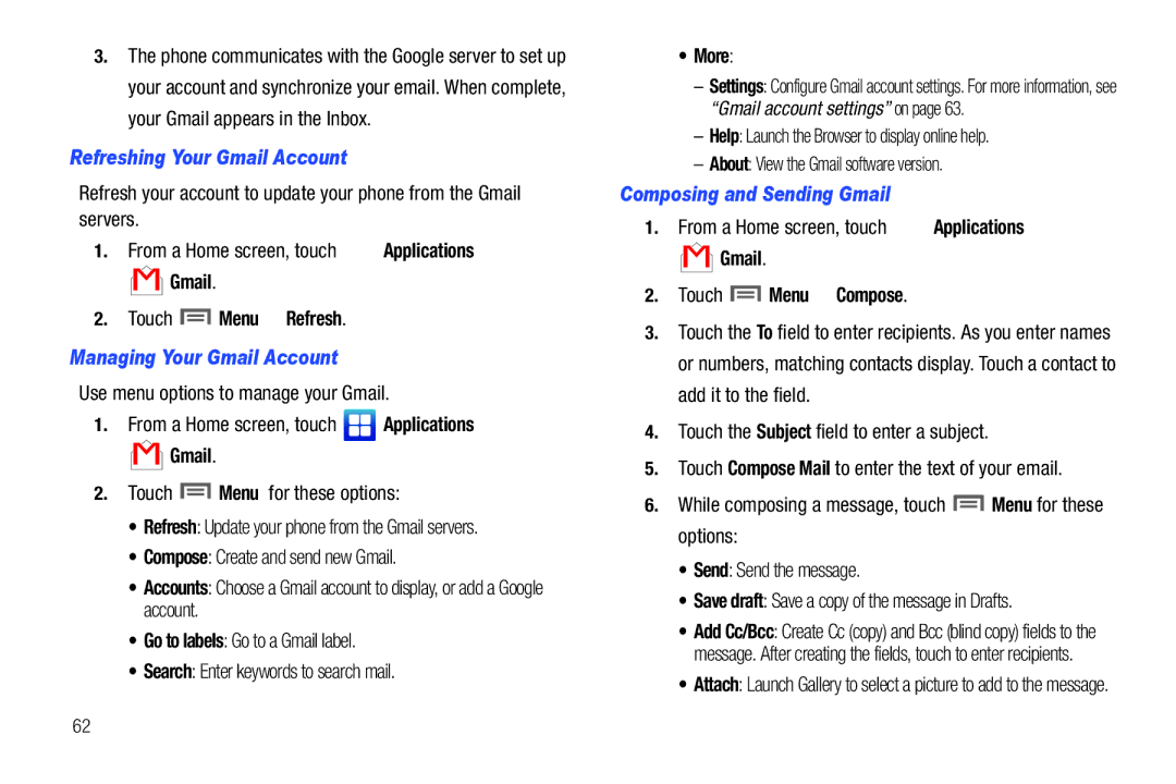 Samsung SCH-I500RKAUSC user manual Refreshing Your Gmail Account, Managing Your Gmail Account, Composing and Sending Gmail 