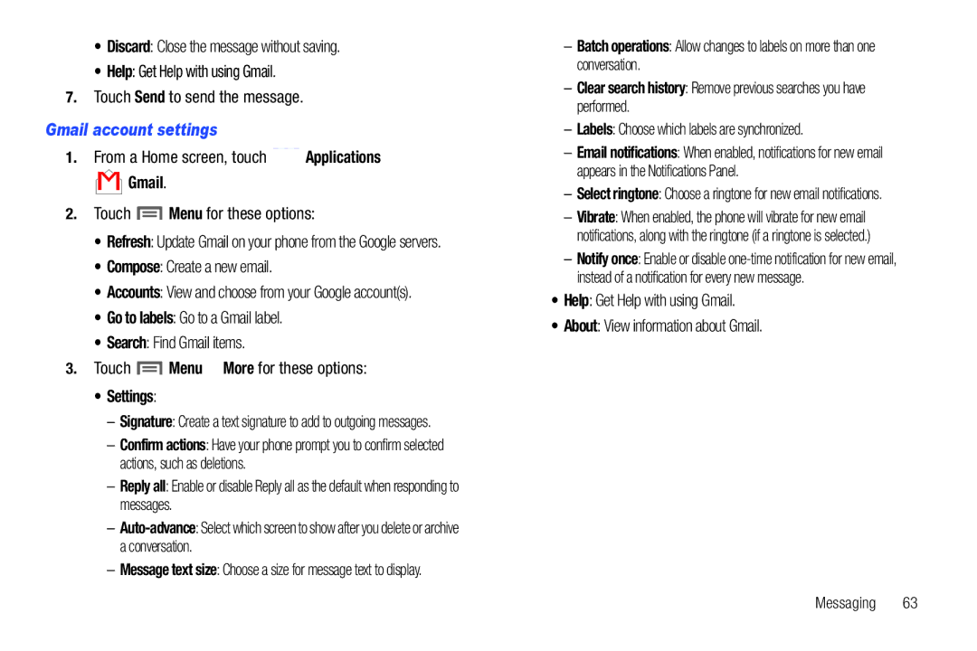 Samsung SCH-I500 Gmail account settings, Compose Create a new email, Settings, Labels Choose which labels are synchronized 