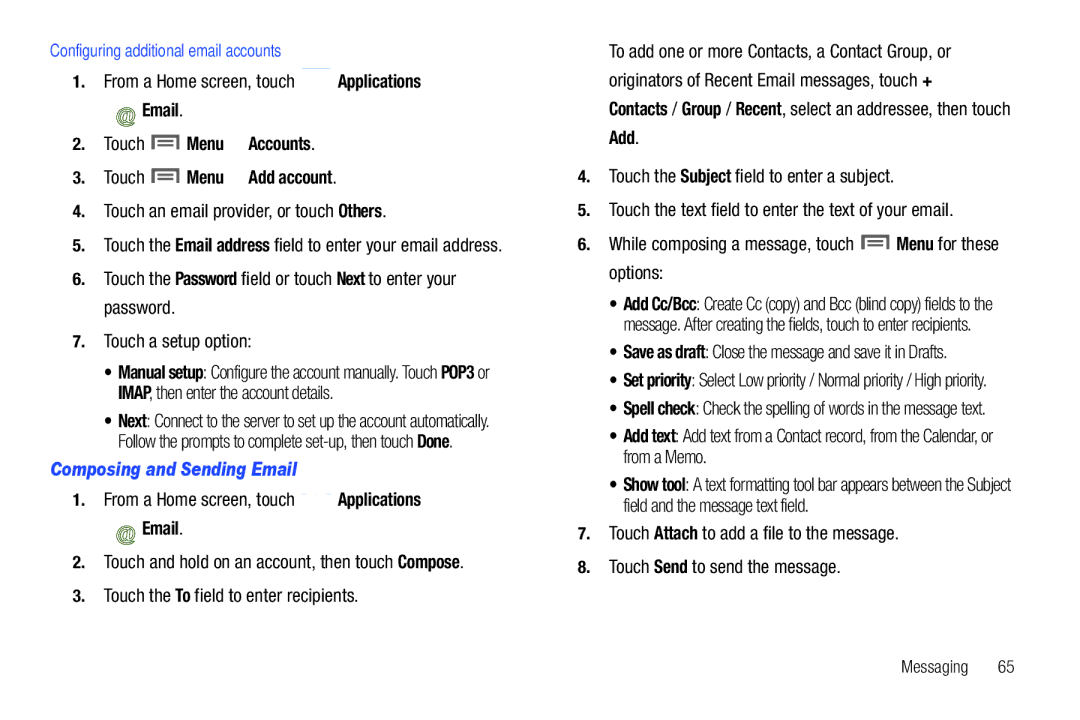 Samsung SCH-I500RKAUSC user manual Touch Menu Accounts Touch Menu Add account, Composing and Sending Email 