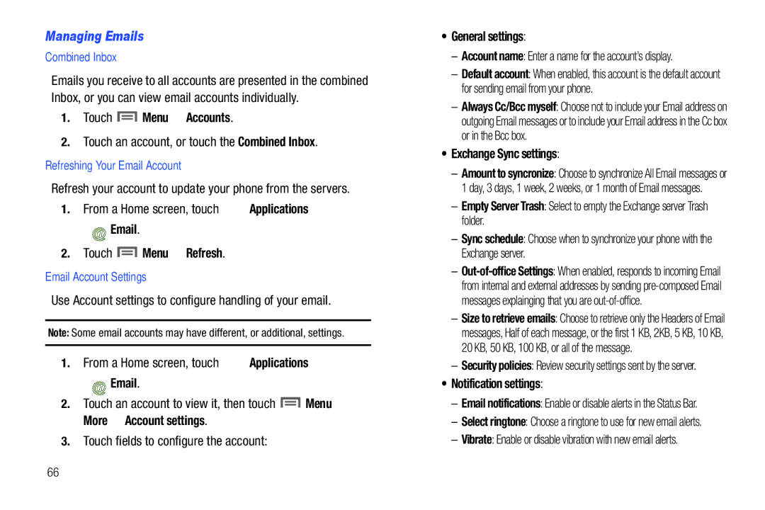 Samsung SCH-I500RKAUSC user manual Managing Emails, Touch Menu Accounts, General settings, Exchange Sync settings 