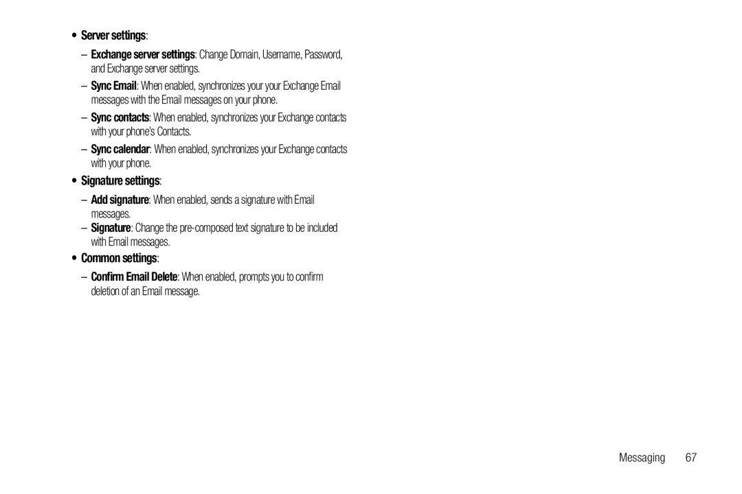 Samsung SCH-I500RKAUSC user manual Server settings, Signature settings, Common settings 