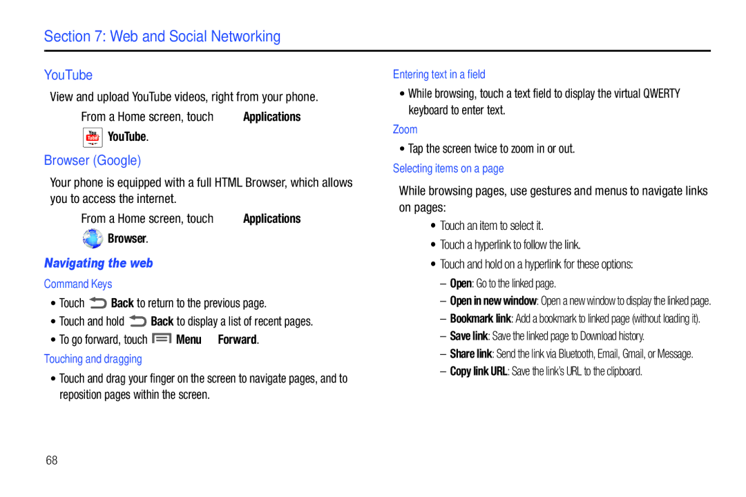 Samsung SCH-I500RKAUSC user manual Web and Social Networking, YouTube, Browser Google, Navigating the web 