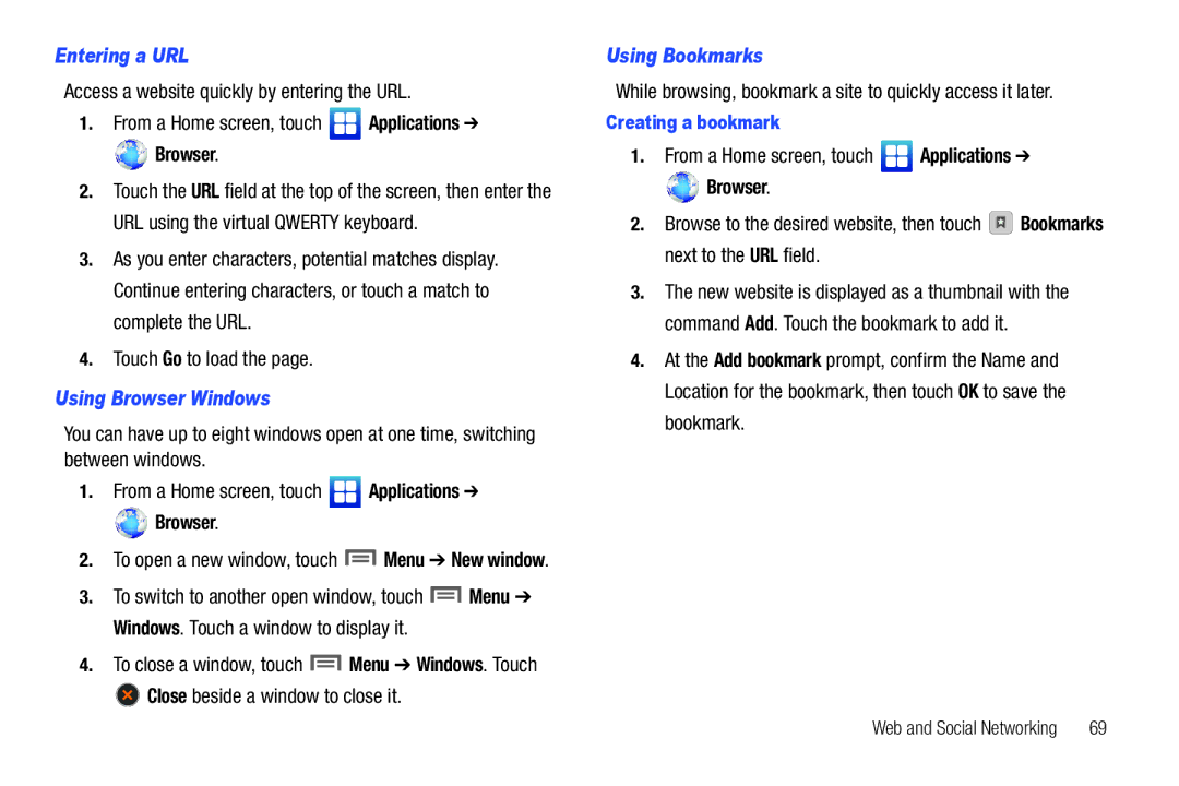 Samsung SCH-I500RKAUSC user manual Entering a URL, Using Browser Windows, Using Bookmarks 