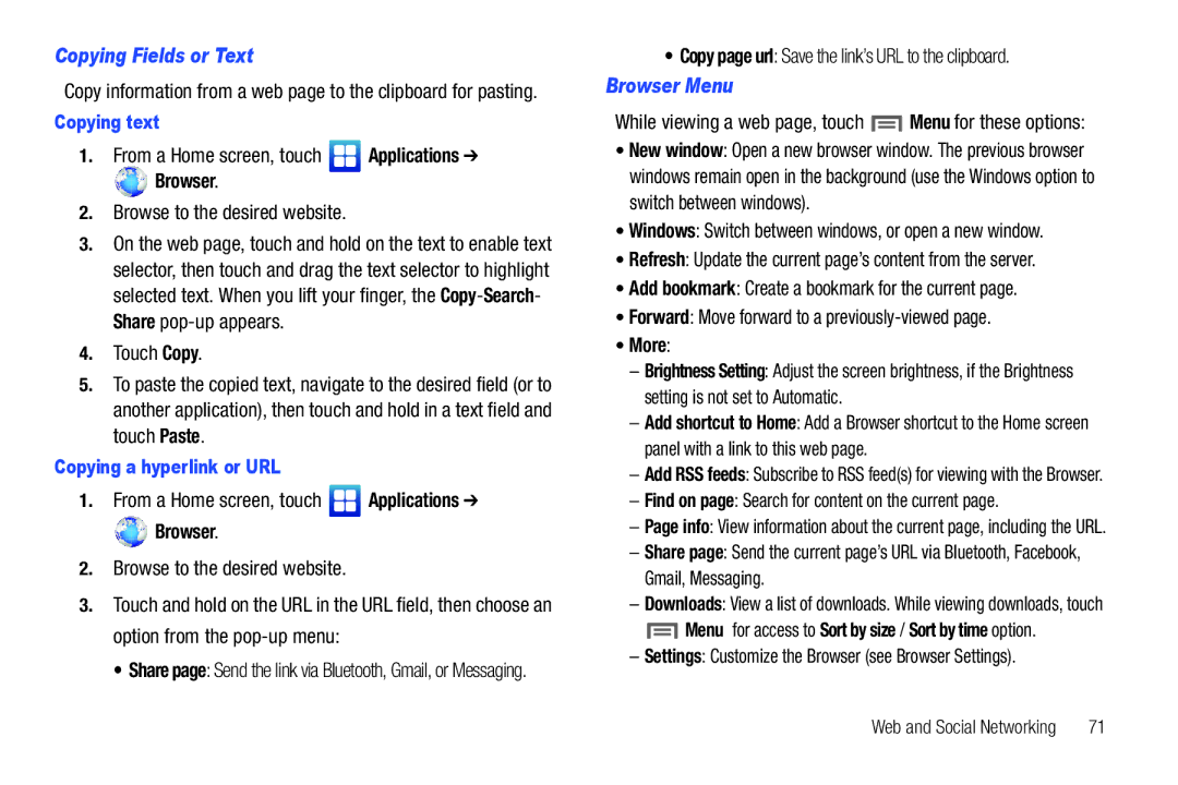 Samsung SCH-I500RKAUSC user manual Copying Fields or Text, Browser Menu 