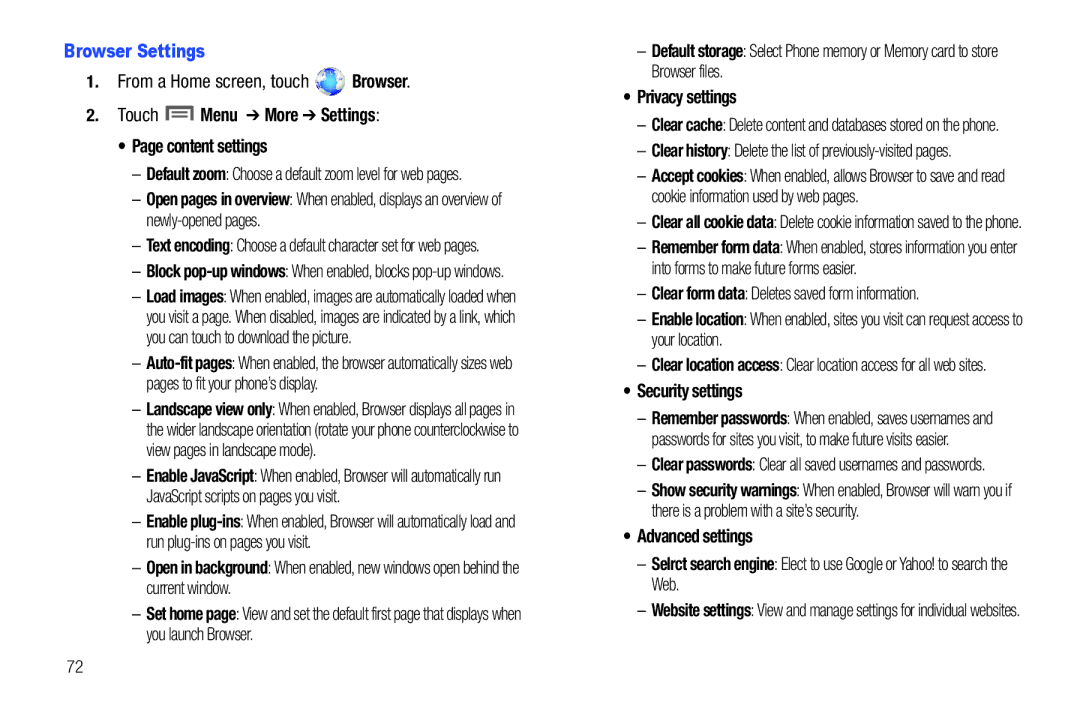 Samsung SCH-I500RKAUSC Browser Settings, From a Home screen, touch Browser, Touch Menu More Settings Content settings 