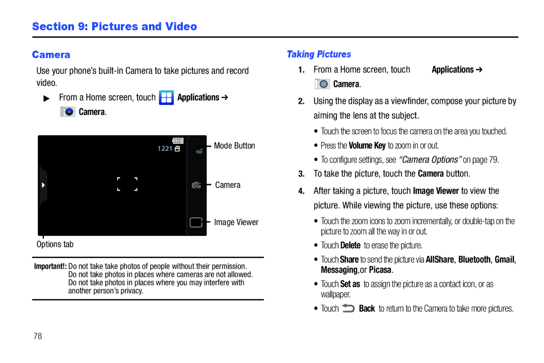 Samsung SCH-I500RKAUSC user manual Pictures and Video, Camera, Taking Pictures 