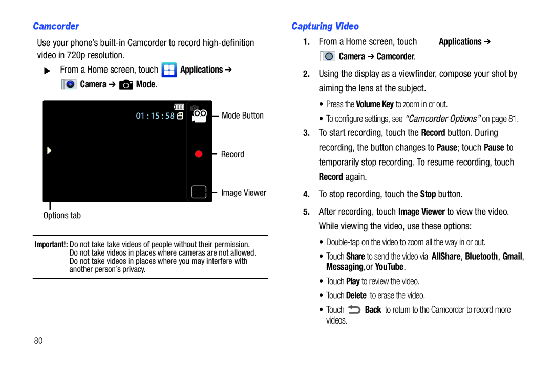 Samsung SCH-I500RKAUSC Camera Mode, Capturing Video, Camera Camcorder, To stop recording, touch the Stop button 