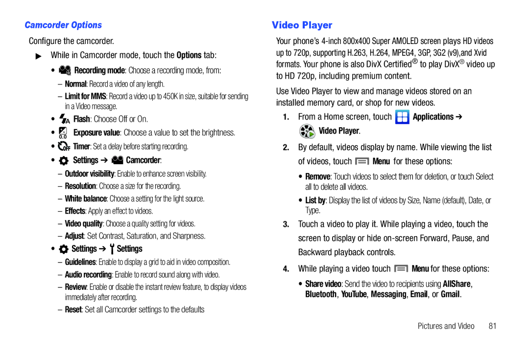 Samsung SCH-I500 Video Player, Videos, touch Menu for these options, Reset Set all Camcorder settings to the defaults 