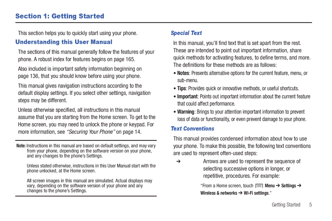 Samsung SCH-I500 Getting Started, This section helps you to quickly start using your phone, Special Text, Text Conventions 