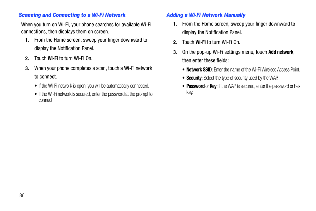 Samsung SCH-I500RKAUSC user manual Scanning and Connecting to a Wi-Fi Network, Adding a Wi-Fi Network Manually 