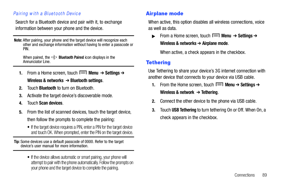 Samsung SCH-I500RKAUSC user manual Airplane mode, Tethering, Pairing with a Bluetooth Device, Touch Scan devices 