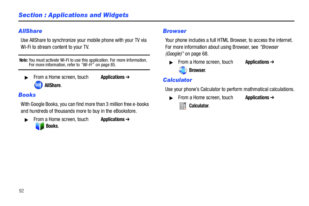 Samsung SCH-I500RKAUSC user manual Applications and Widgets, AllShare, Books, Browser, Calculator 