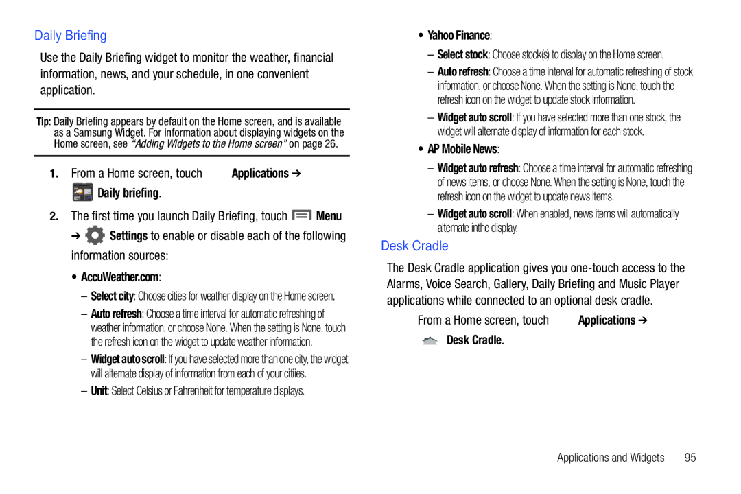 Samsung SCH-I500RKAUSC user manual Daily Briefing, Desk Cradle 