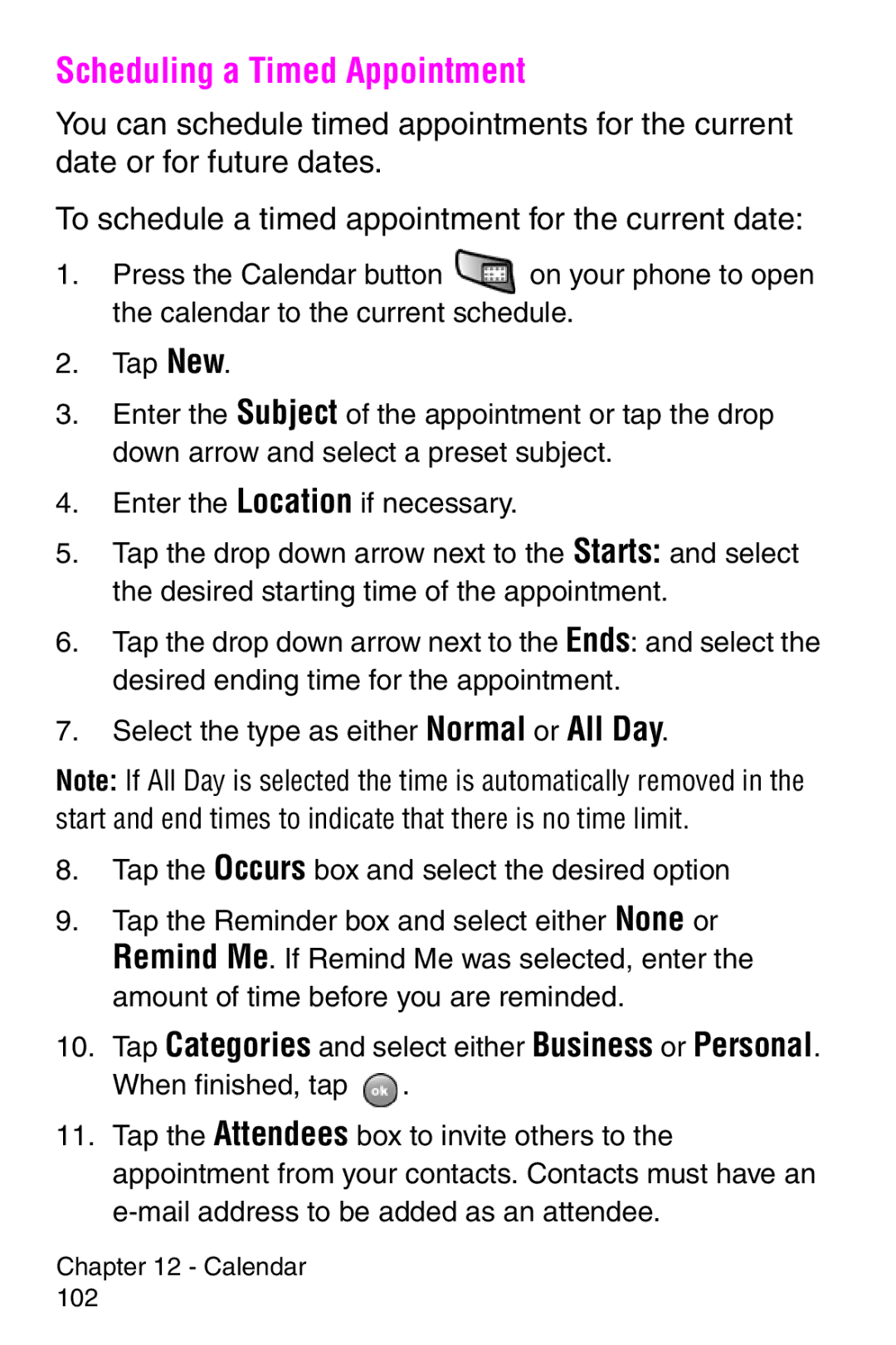 Samsung SCH-i700 Series manual Scheduling a Timed Appointment 