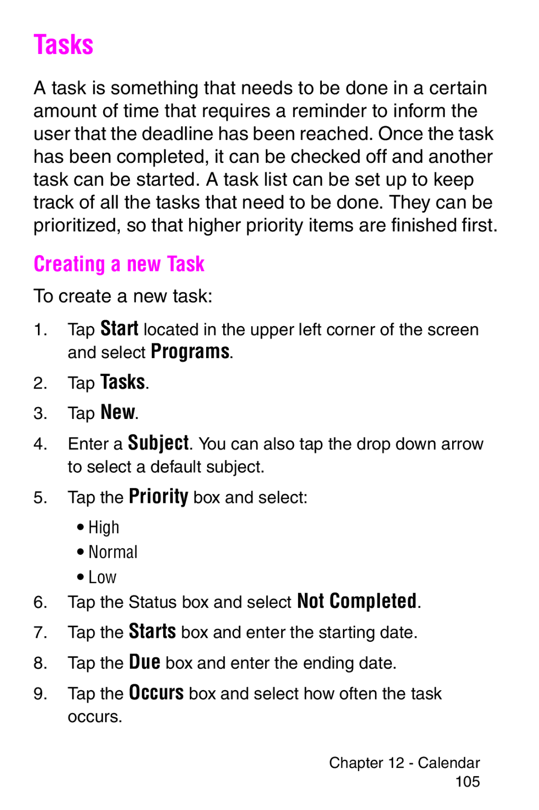 Samsung SCH-i700 Series manual Tasks, Creating a new Task, To create a new task 