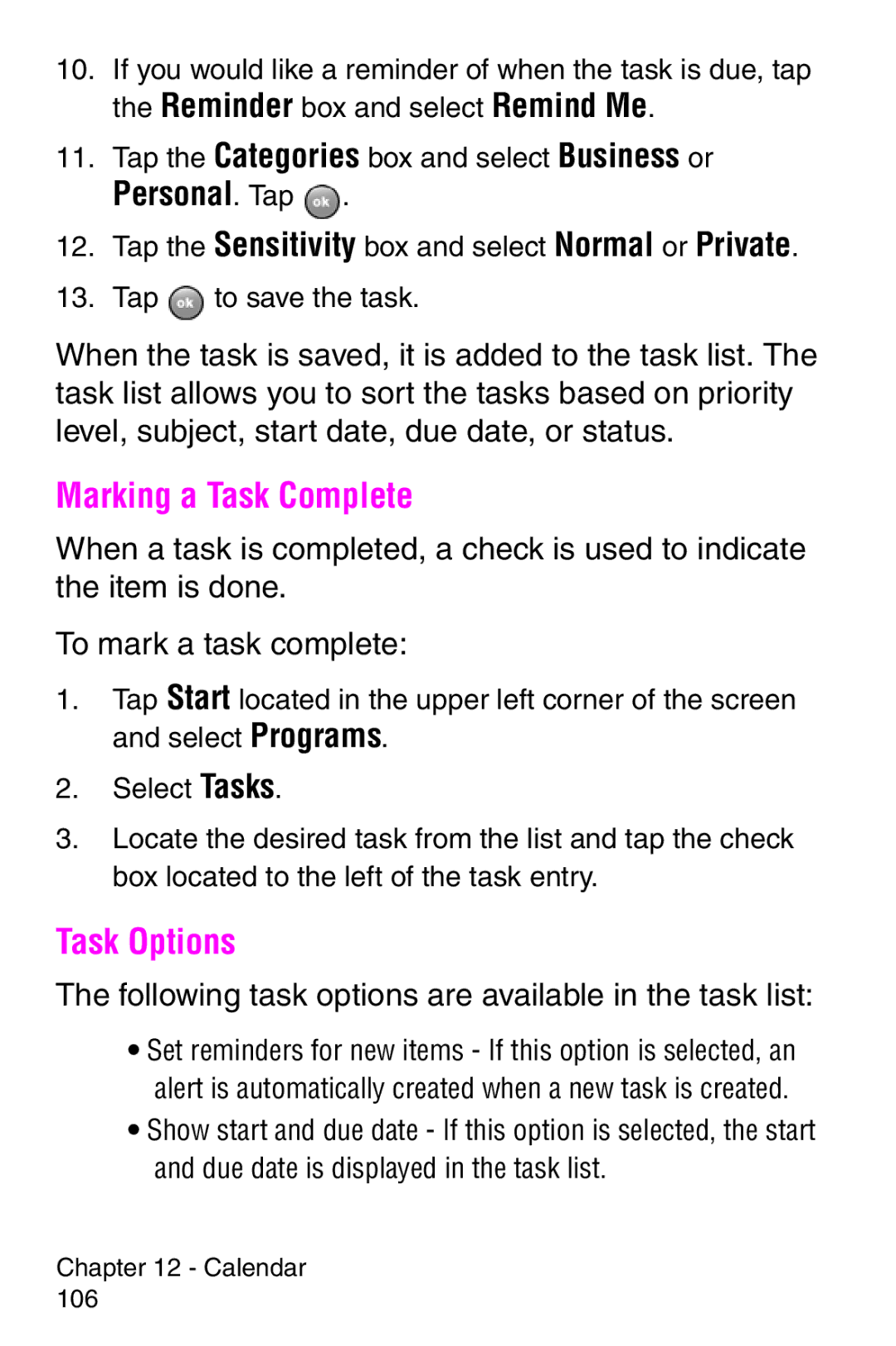 Samsung SCH-i700 Series manual Marking a Task Complete, Task Options, Personal. Tap 