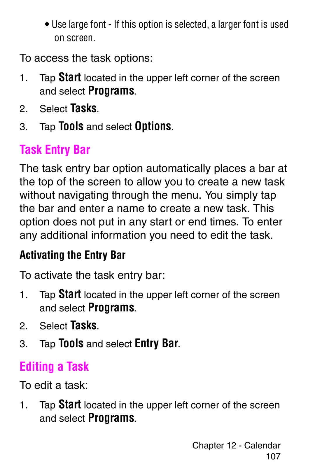 Samsung SCH-i700 Series manual Task Entry Bar, Editing a Task, Activating the Entry Bar 