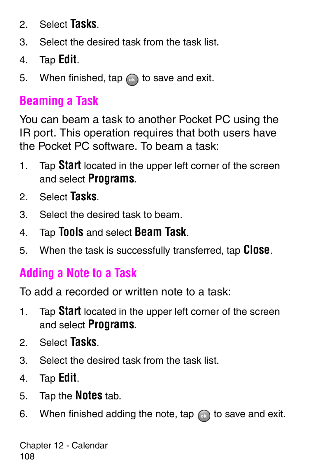 Samsung SCH-i700 Series manual Beaming a Task, Adding a Note to a Task, To add a recorded or written note to a task 