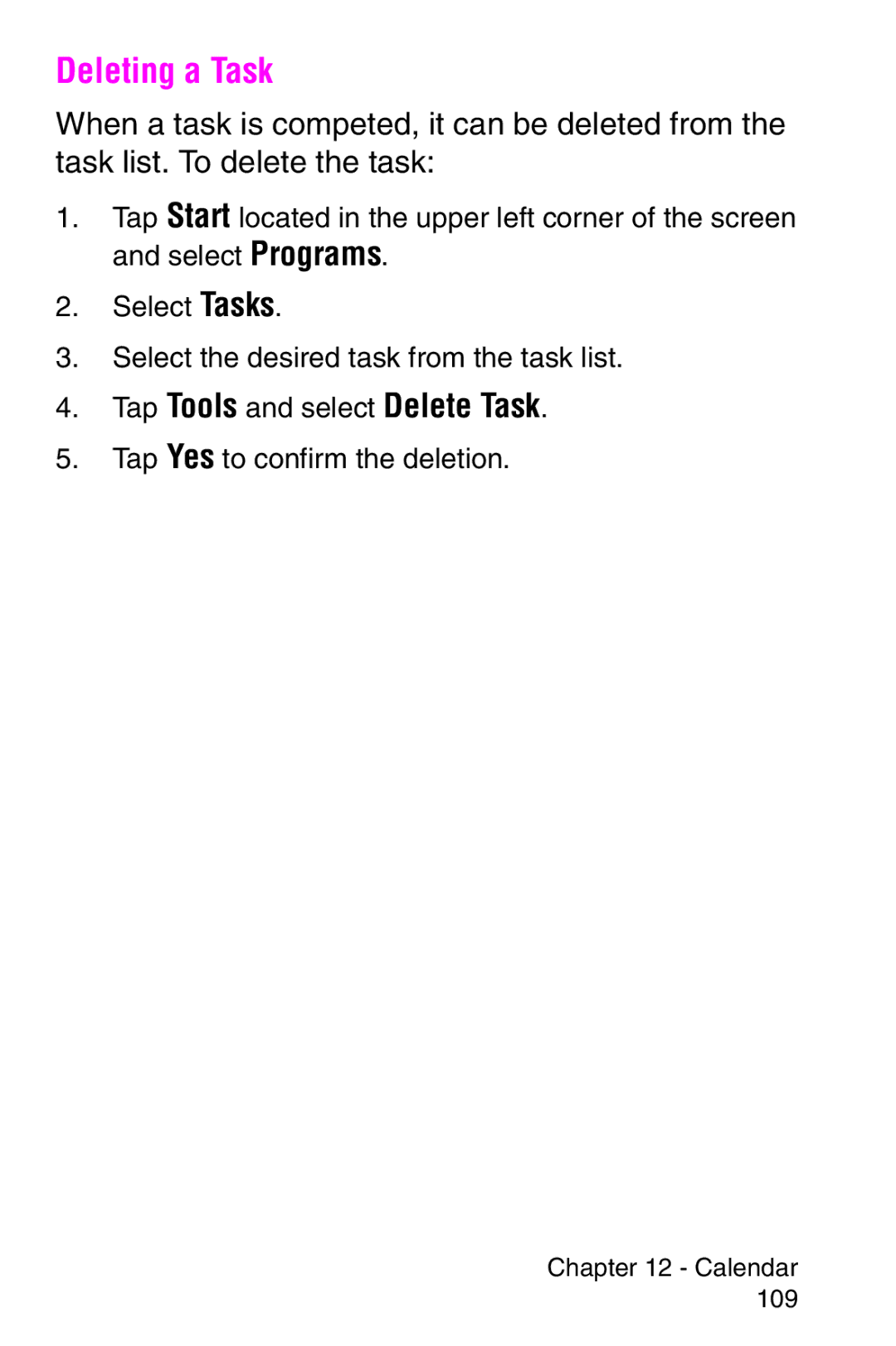 Samsung SCH-i700 Series manual Deleting a Task, Tap Tools and select Delete Task 