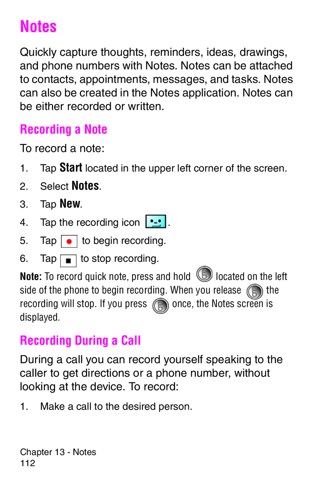 Samsung SCH-i700 Series manual Recording a Note, Recording During a Call, To record a note 