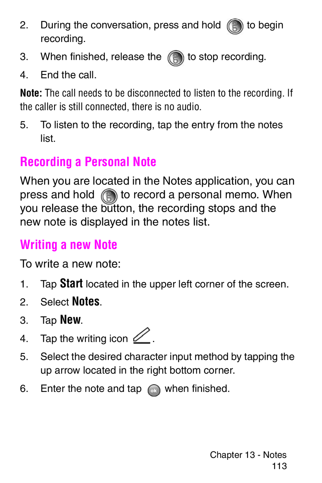 Samsung SCH-i700 Series manual Recording a Personal Note, Writing a new Note, To write a new note 