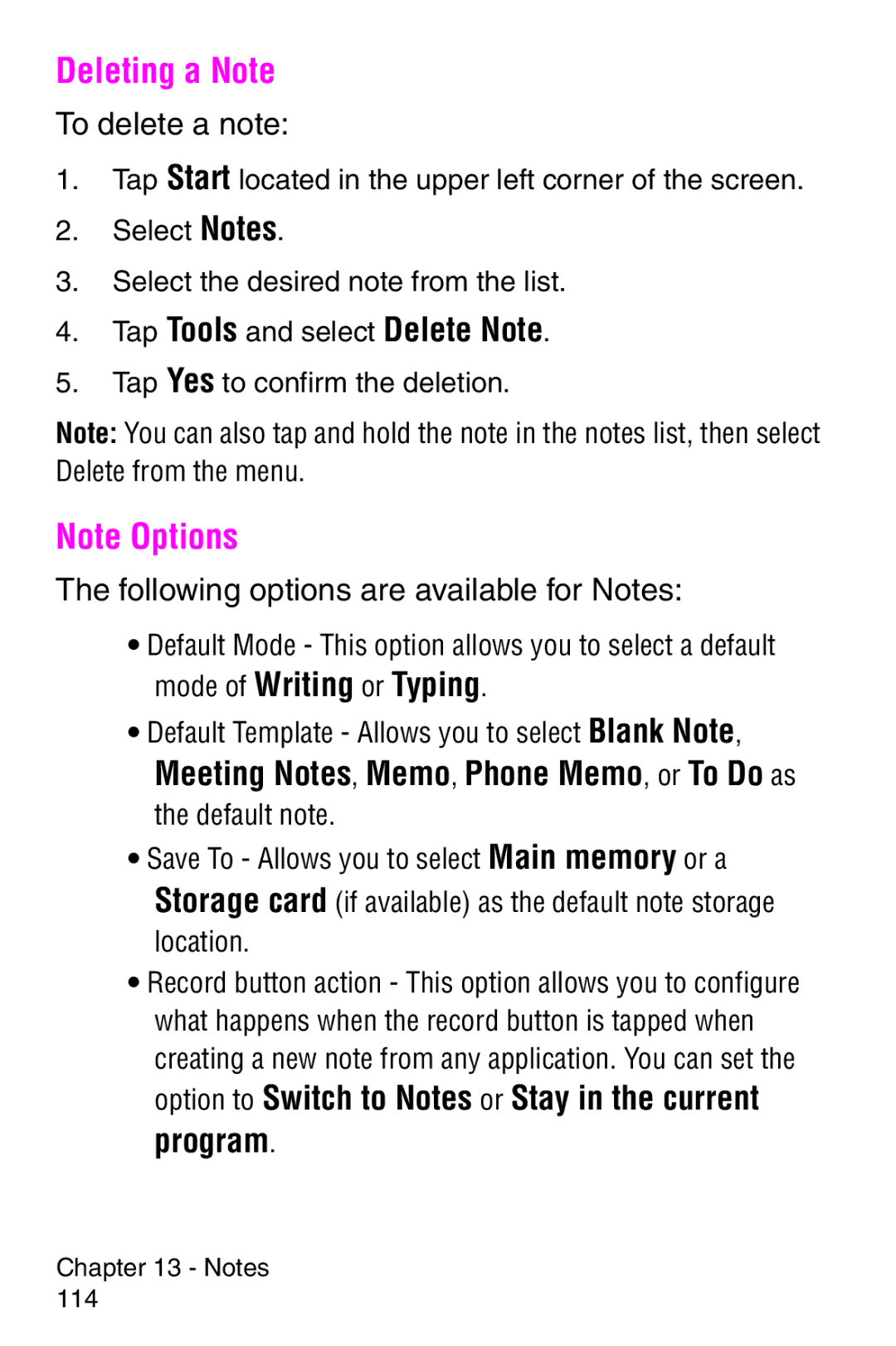 Samsung SCH-i700 Series manual Tap Tools and select Delete Note, Program, Following options are available for Notes 