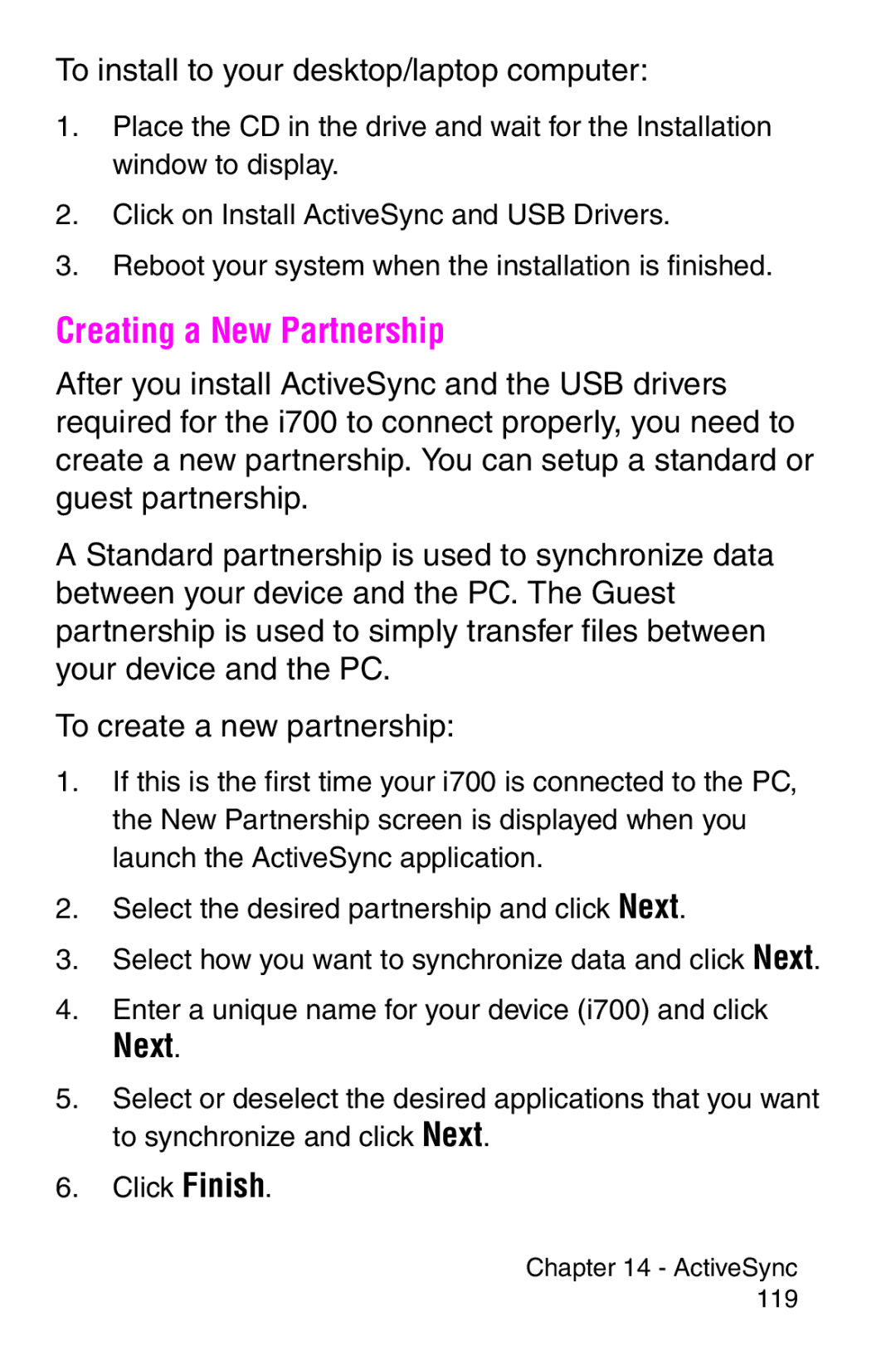 Samsung SCH-i700 Series manual Creating a New Partnership, To install to your desktop/laptop computer 