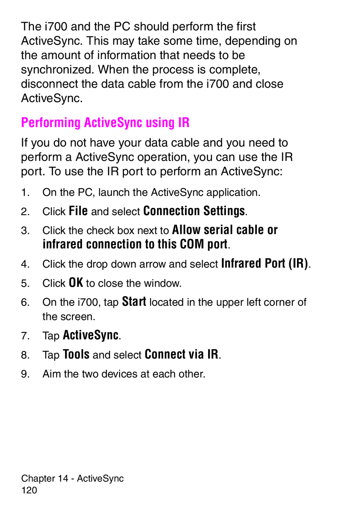 Samsung SCH-i700 Series manual Performing ActiveSync using IR, Click File and select Connection Settings 