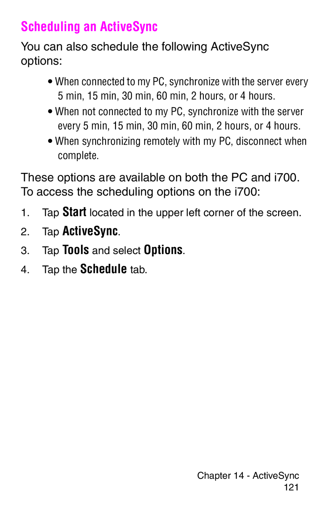 Samsung SCH-i700 Series Scheduling an ActiveSync, Tap ActiveSync, You can also schedule the following ActiveSync options 