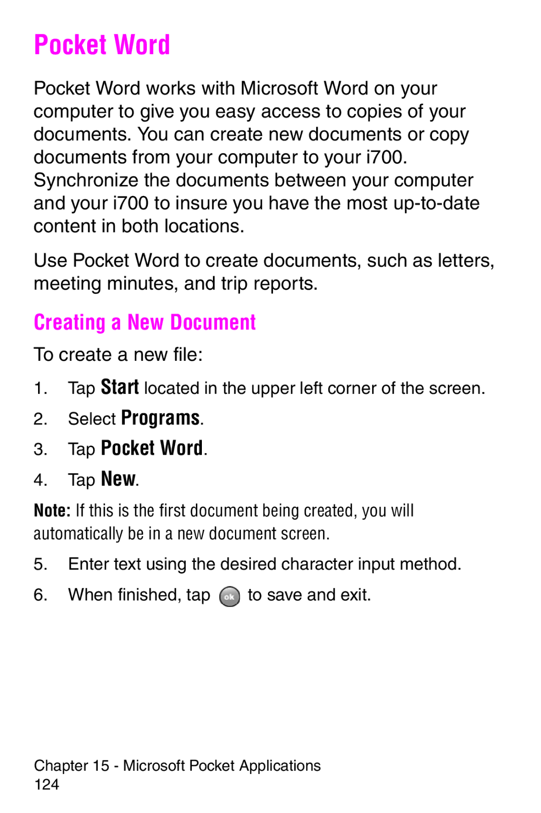 Samsung SCH-i700 Series manual Creating a New Document, Tap Pocket Word, To create a new file 